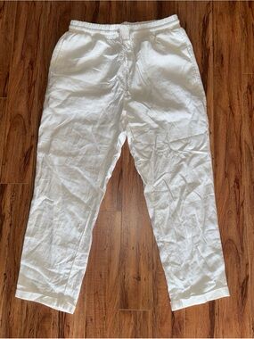 White womens Linen Blend Elastic-Waist Pants XL with pockets